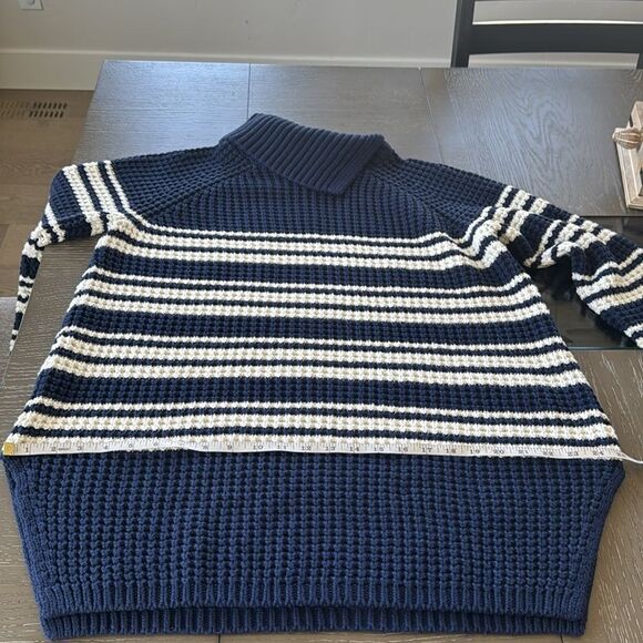 LANDS’ END Chunky Cotton Blend Navy Striped Women’s L 14-16 Sweater Casual EUC - Picture 7 of 12